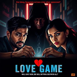 A cinematic movie poster for a thrilling action crime sci-fi film titled 'Love Game'