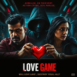 A cinematic movie poster for a thrilling action crime sci-fi film titled 'Love Game'