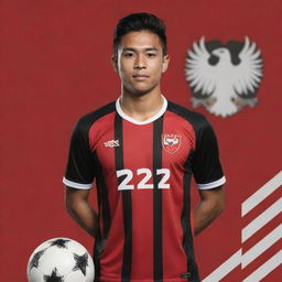 Create a vector-styled image of an Indonesian soccer player named Arva, wearing a striped red and black jersey with an eagle team logo in red and black stripes, featuring three stars on the eagle's chest. The player's jersey number is 12.