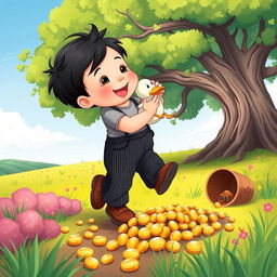 A whimsical and colorful illustration of a 10-month-old baby boy with thick black hair, wearing a cozy gray t-shirt and black corduroy pants, along with cute brown leather shoes