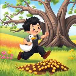 A whimsical and colorful illustration of a 10-month-old baby boy with thick black hair, wearing a cozy gray t-shirt and black corduroy pants, along with cute brown leather shoes