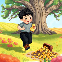 A whimsical and colorful illustration of a 10-month-old baby boy with thick black hair, wearing a cozy gray t-shirt and black corduroy pants, along with cute brown leather shoes