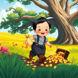 A whimsical and colorful illustration of a 10-month-old baby boy with thick black hair, wearing a cozy gray t-shirt and black corduroy pants, along with cute brown leather shoes