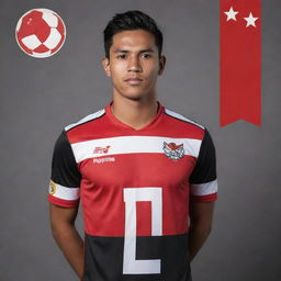 Create a vector-styled image of an Indonesian soccer player named Arva, wearing a striped red and black jersey with an eagle team logo in red and black stripes, featuring three stars on the eagle's chest. The player's jersey number is 12.