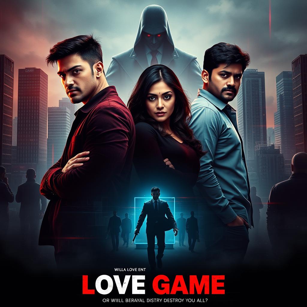 A cinematic movie poster for a gripping action crime sci-fi thriller titled 'Love Game'