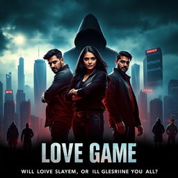 A cinematic movie poster for a gripping action crime sci-fi thriller titled 'Love Game'