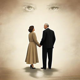 An elegant digital art piece featuring a mature couple dressed in sophisticated attire, looking at each other with expressions of love and understanding. The couple is set against a calm background.