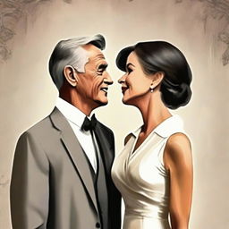 An elegant digital art piece featuring a mature couple dressed in sophisticated attire, looking at each other with expressions of love and understanding. The couple is set against a calm background.