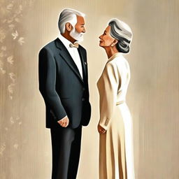 An elegant digital art piece featuring a mature couple dressed in sophisticated attire, looking at each other with expressions of love and understanding. The couple is set against a calm background.