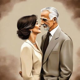 An elegant digital art piece featuring a mature couple dressed in sophisticated attire, looking at each other with expressions of love and understanding. The couple is set against a calm background.