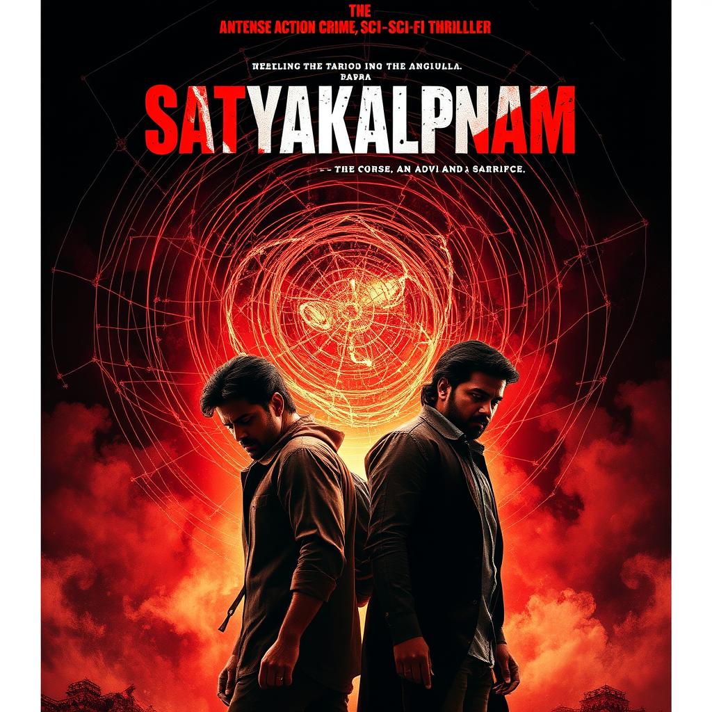 A dramatic and gripping film poster for 'SATYAKALPNAM', an intense action crime sci-fi thriller