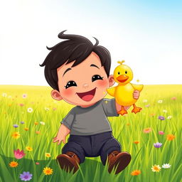 A joyful cartoon illustration of a 10-month-old baby boy with thick black hair, wearing a cozy gray t-shirt and black corduroy pants, along with cute brown leather shoes