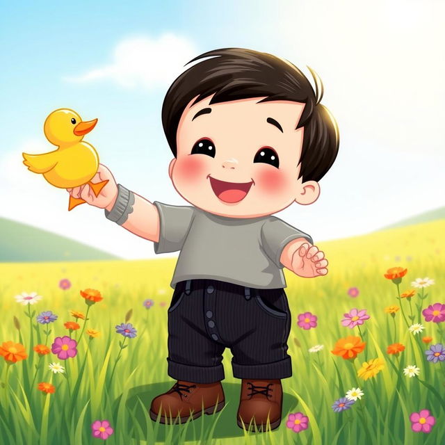 A joyful cartoon illustration of a 10-month-old baby boy with thick black hair, wearing a cozy gray t-shirt and black corduroy pants, along with cute brown leather shoes