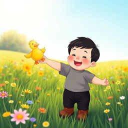 A joyful cartoon illustration of a 10-month-old baby boy with thick black hair, wearing a cozy gray t-shirt and black corduroy pants, along with cute brown leather shoes