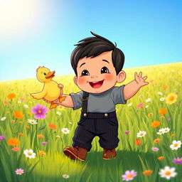 A joyful cartoon illustration of a 10-month-old baby boy with thick black hair, wearing a cozy gray t-shirt and black corduroy pants, along with cute brown leather shoes