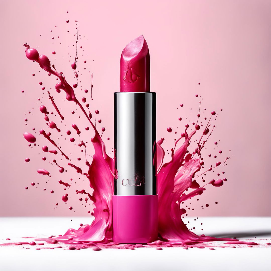 A vibrant bubblegum pink lipstick stands upright in a high-end editorial photo. An artistic splatter pattern in various shades of pink surrounds it against a stark white background.