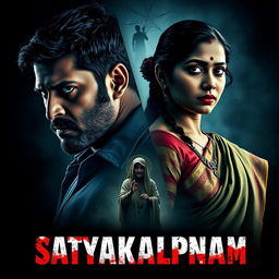 A cinematic movie poster for a thrilling action-crime sci-fi film titled 'Satyakalpnam'