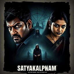 A cinematic movie poster for a thrilling action-crime sci-fi film titled 'Satyakalpnam'