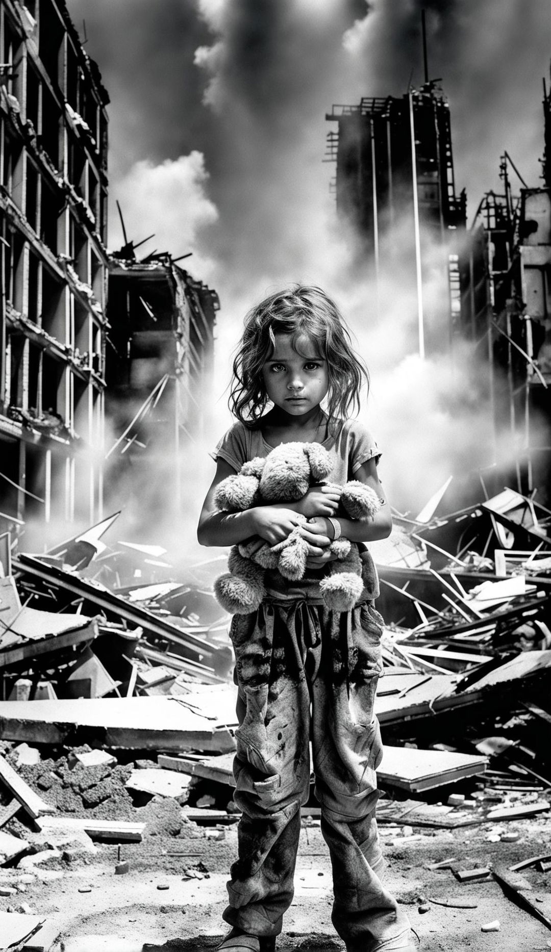 A black and white Pulitzer Prize-winning photograph featuring a young girl with a teddy bear standing resiliently amidst a ruined cityscape with people working in the background.