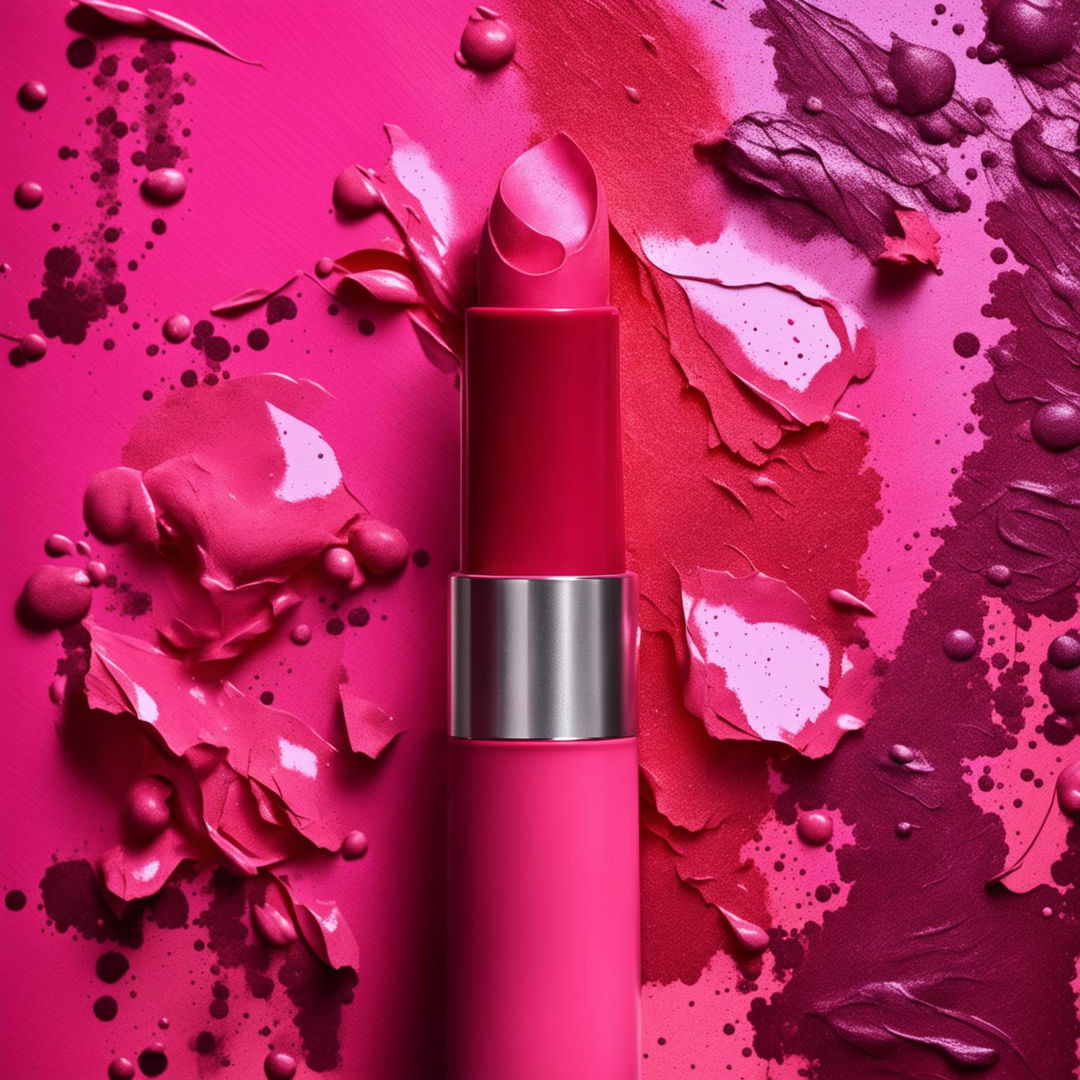 Editorial photo of a vibrant pink lipstick with a dynamic color splatter backdrop.