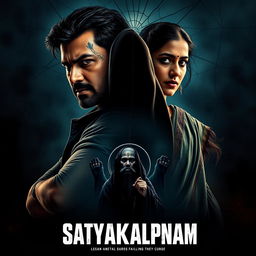 A cinematic movie poster for a thrilling action-crime sci-fi film titled 'Satyakalpnam'