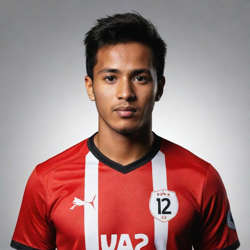 Create a vector-styled image of an Indonesian soccer player named Arva, wearing a striped red and black jersey. The player has the number 12 on the back.