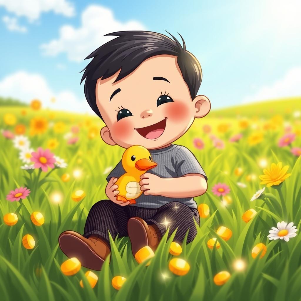 A cheerful cartoon illustration of a 10-month-old baby boy with thick black hair, dressed in a cozy gray t-shirt and black corduroy pants, along with adorable brown leather shoes