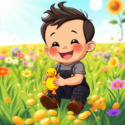 A cheerful cartoon illustration of a 10-month-old baby boy with thick black hair, dressed in a cozy gray t-shirt and black corduroy pants, along with adorable brown leather shoes