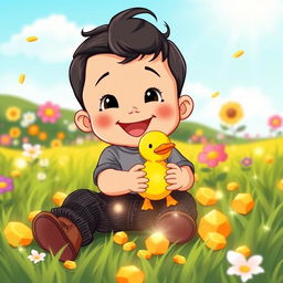 A cheerful cartoon illustration of a 10-month-old baby boy with thick black hair, dressed in a cozy gray t-shirt and black corduroy pants, along with adorable brown leather shoes