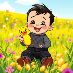 A cheerful cartoon illustration of a 10-month-old baby boy with thick black hair, dressed in a cozy gray t-shirt and black corduroy pants, along with adorable brown leather shoes