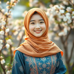 A beautiful Korean teenage girl wearing elegant Muslim attire, featuring colorful hijabs and stylish garments