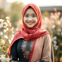 A beautiful Korean teenage girl wearing elegant Muslim attire, featuring colorful hijabs and stylish garments