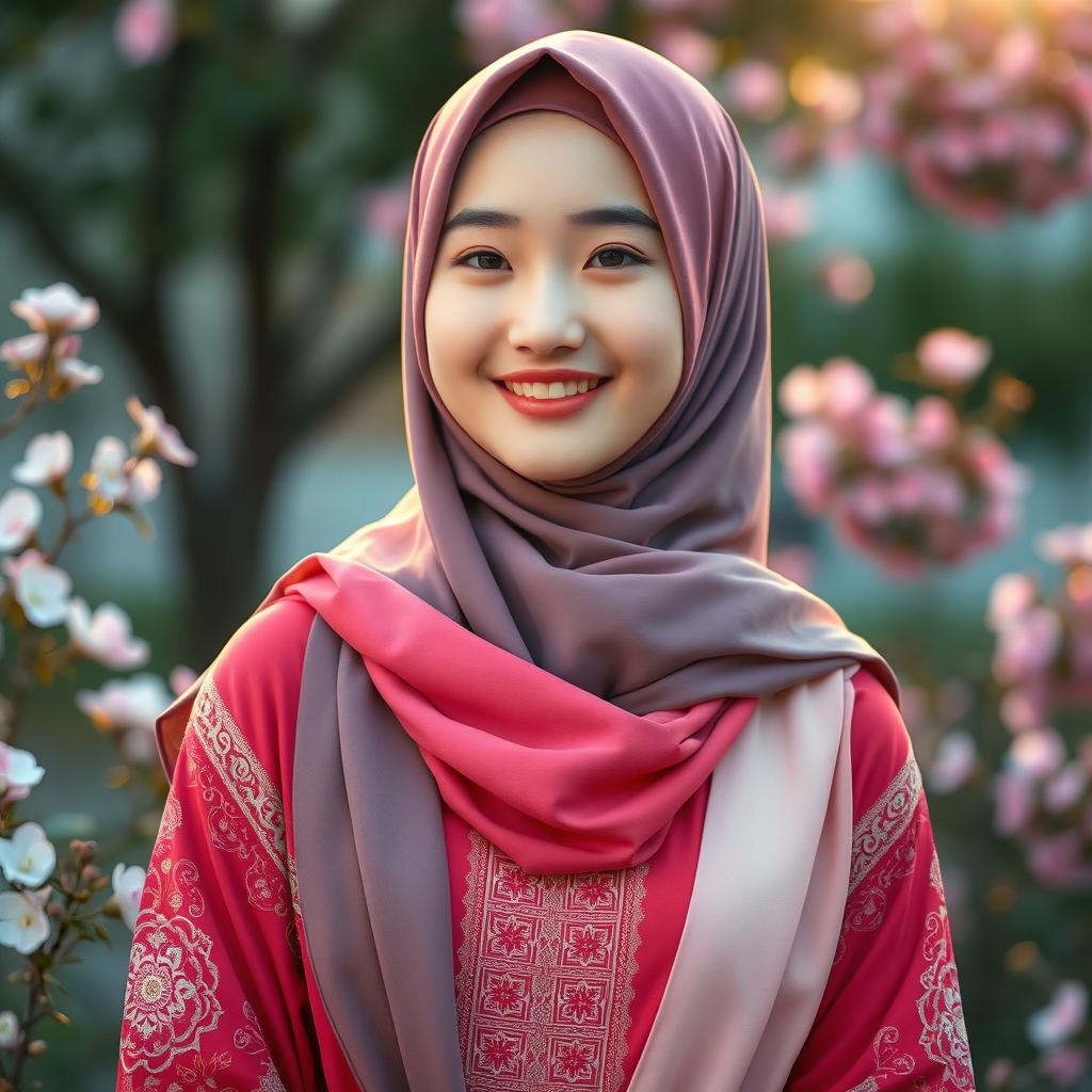 A beautiful Korean teenage girl wearing elegant Muslim attire, featuring colorful hijabs and stylish garments