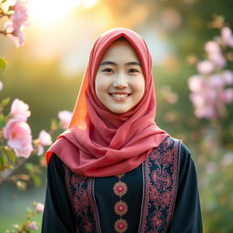 A beautiful Korean teenage girl wearing elegant Muslim attire, featuring colorful hijabs and stylish garments