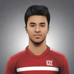 Create a vector-styled image of an Indonesian soccer player named Arva, wearing a striped red and black jersey. The player has the number 12 on the back.