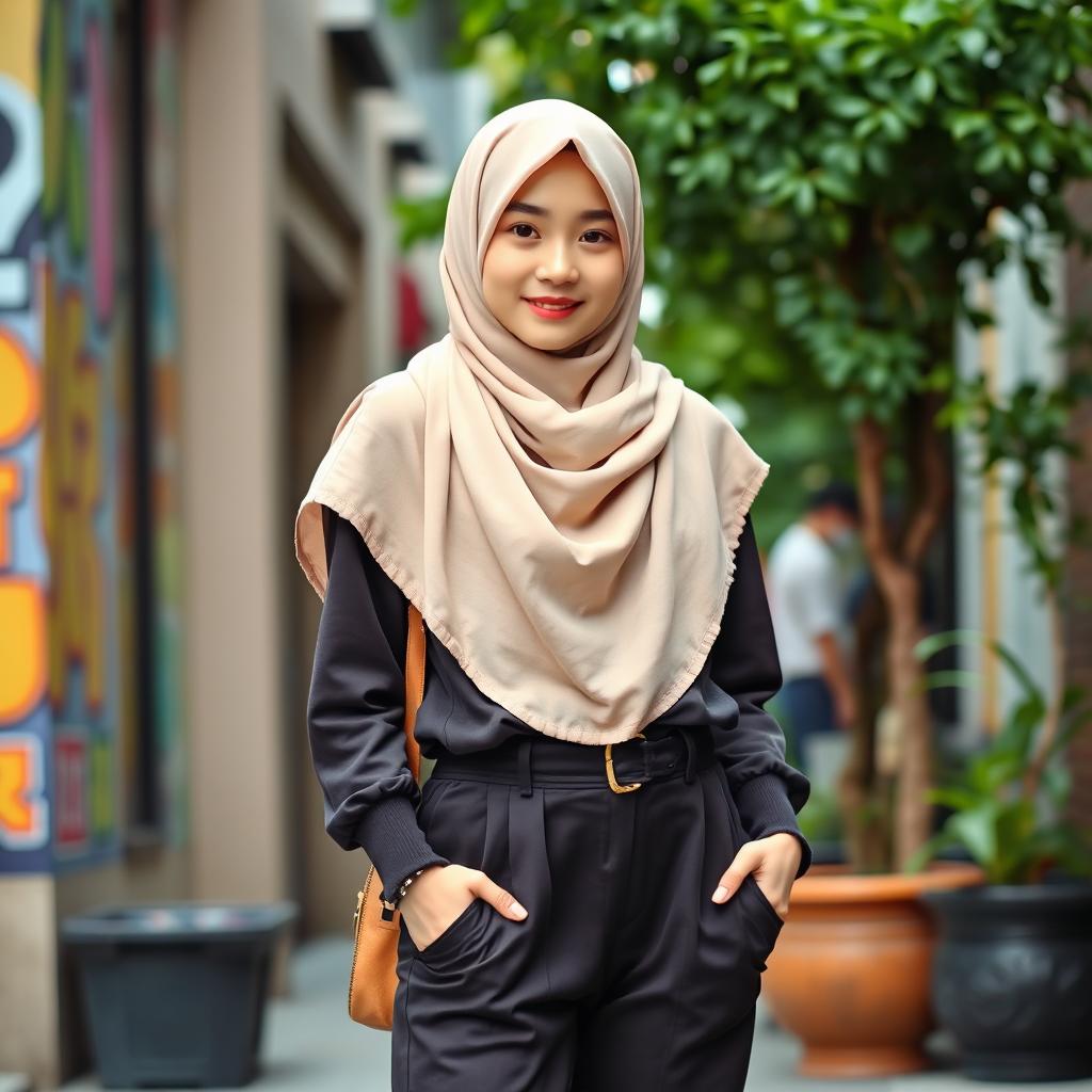 A beautiful Korean teenager wearing stylish Muslim-inspired pants and a chic hijab, standing confidently in an urban setting