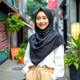 A beautiful Korean teenager wearing stylish Muslim-inspired pants and a chic hijab, standing confidently in an urban setting