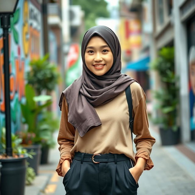 A beautiful Korean teenager wearing stylish Muslim-inspired pants and a chic hijab, standing confidently in an urban setting