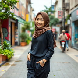 A beautiful Korean teenager wearing stylish Muslim-inspired pants and a chic hijab, standing confidently in an urban setting