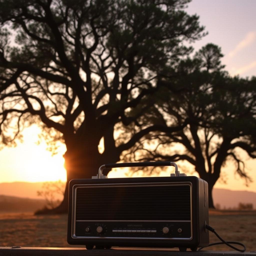 A vintage radio set in the foreground against a serene landscape of ancient oak trees (encinas) at sunrise