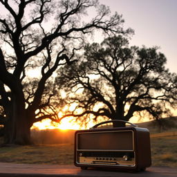 A vintage radio set in the foreground against a serene landscape of ancient oak trees (encinas) at sunrise