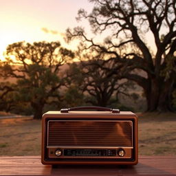 A vintage radio set in the foreground against a serene landscape of ancient oak trees (encinas) at sunrise