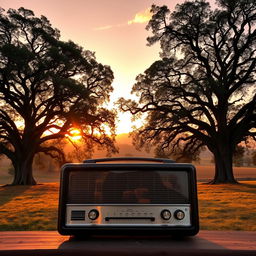 A vintage radio set in the foreground against a serene landscape of ancient oak trees (encinas) at sunrise