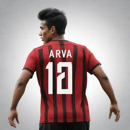 Create a vector-styled image of an Indonesian soccer player named Arva, wearing a striped red and black jersey. The player has the number 12 on the back.