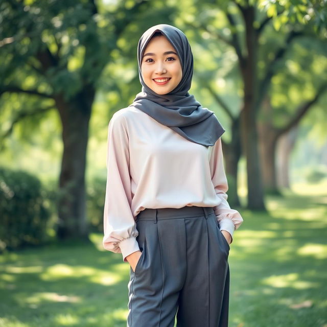 A beautiful Korean teenager dressed in fashionable Muslim-style pants and a stylish hijab, standing gracefully in a bright, airy park