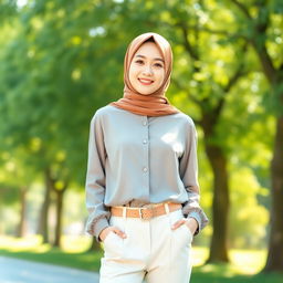 A beautiful Korean teenager dressed in fashionable Muslim-style pants and a stylish hijab, standing gracefully in a bright, airy park