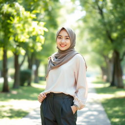 A beautiful Korean teenager dressed in fashionable Muslim-style pants and a stylish hijab, standing gracefully in a bright, airy park