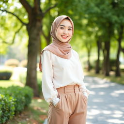 A beautiful Korean teenager dressed in fashionable Muslim-style pants and a stylish hijab, standing gracefully in a bright, airy park