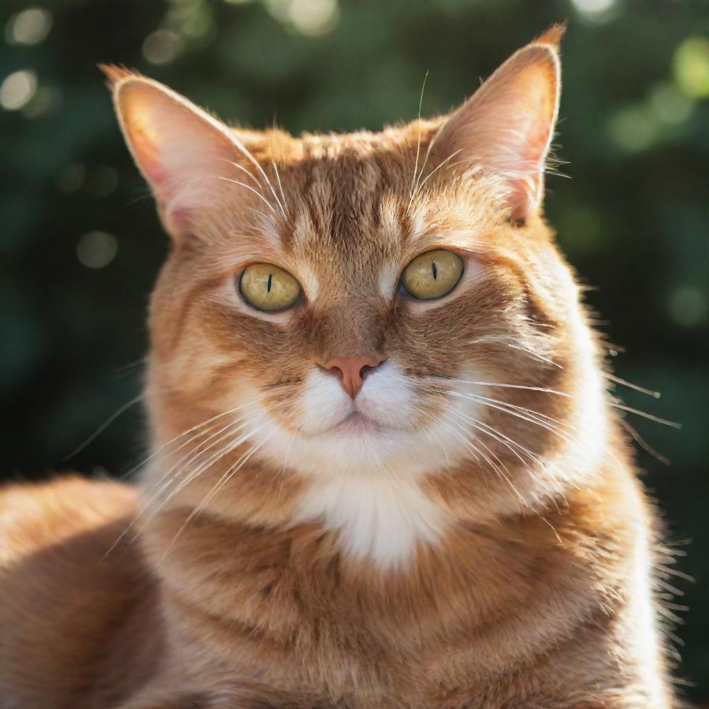 A golden brown cat with majestic features, basking in the radiant sunlight, embodying the essence of the sun god, Nika.