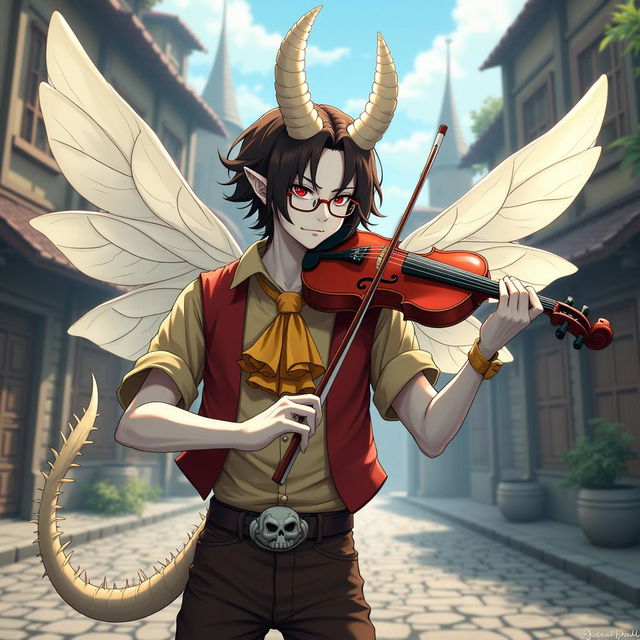 In an anime art style reminiscent of Attack on Titan, illustrate a very pale, almost luminous white-skinned man with striking red eyes, characterized by a long and lanky physique